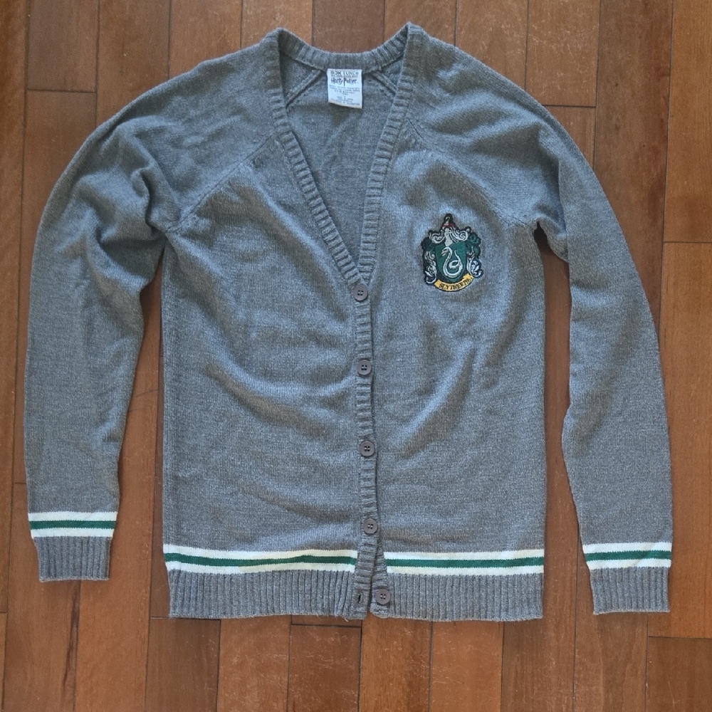 Gray Cardigan with Green and White Stripes